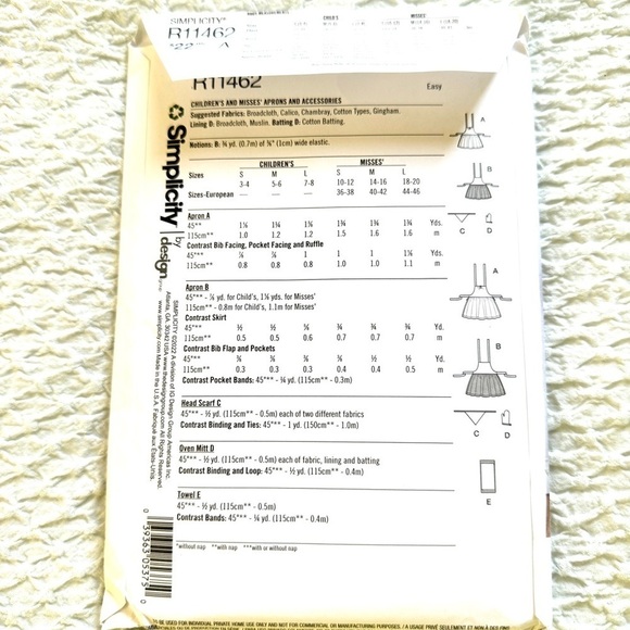 Sewing Patterns Simplicity R11462 Childrens and Misses Aprons & Accessories - Picture 4 of 4